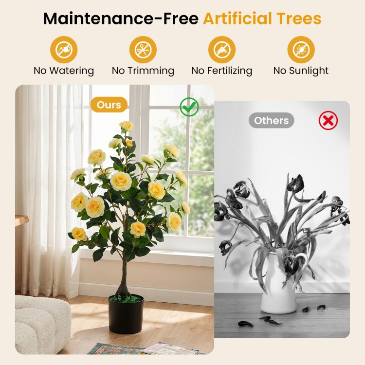 Artificial Camellia tree with yellow flowers in a cement-filled pot, 35.5" tall, perfect for indoor or outdoor decor.