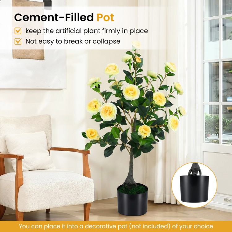 Artificial camellia tree with yellow flowers in a cement-filled pot, perfect for indoor or outdoor decoration.