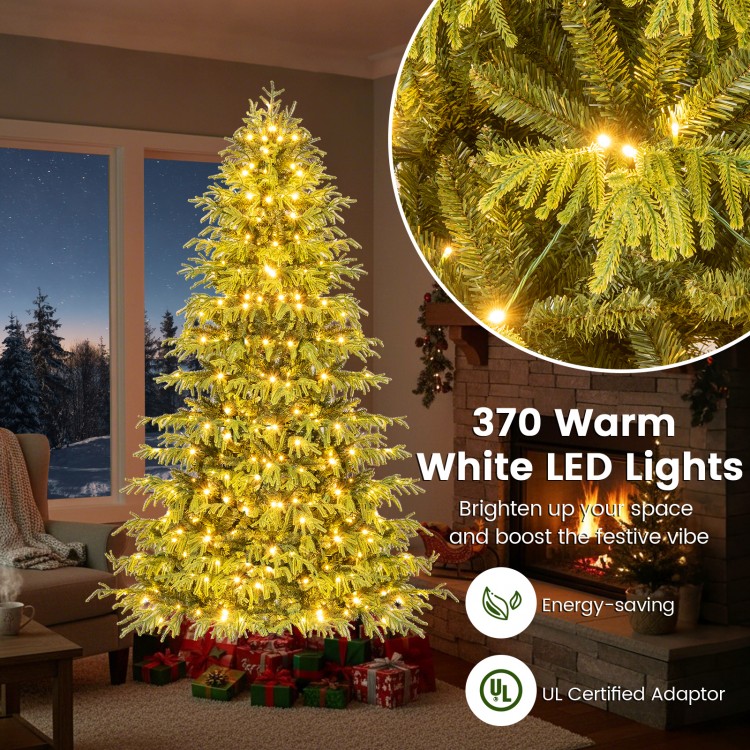 Artificial Christmas tree with 370 warm white LED lights and PVC mixed branch tips for festive home decoration.