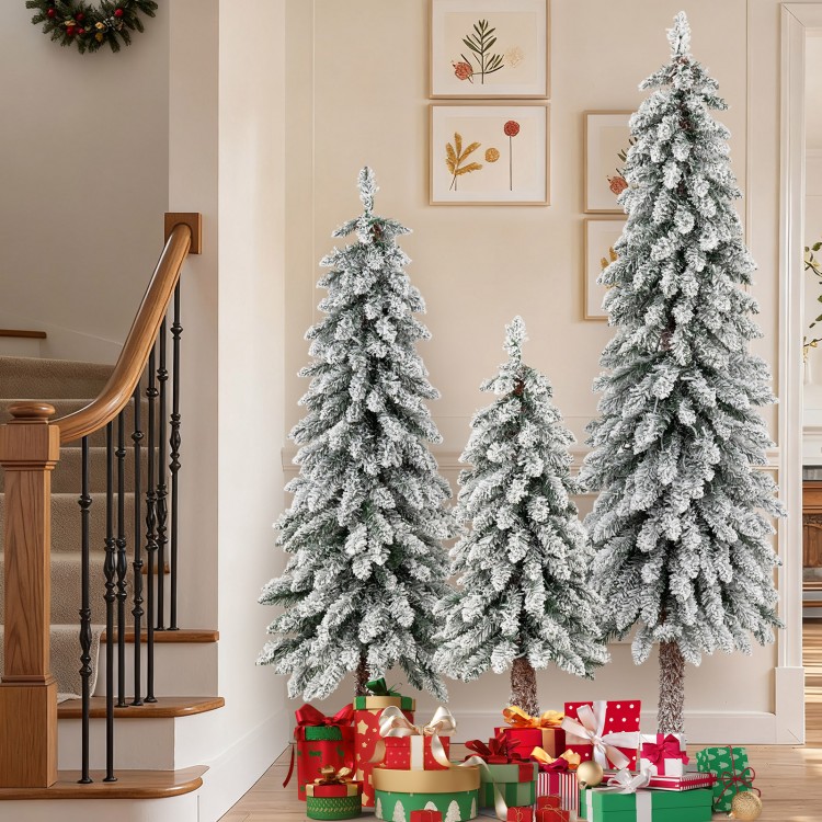 Three snow-flocked artificial Christmas trees in varying sizes with multi-color LED lights, perfect for festive decor.