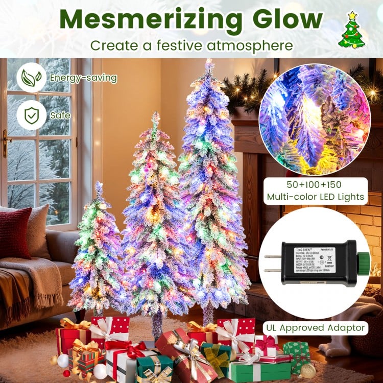 Single snow-flocked artificial Christmas tree with multi-color LED lights, perfect for creating a cozy festive.
