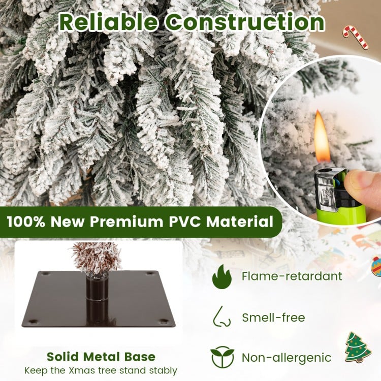 Artificial Christmas tree set of 3 with snow-flocked branches, featuring a solid metal base and flame-retardant PVC.