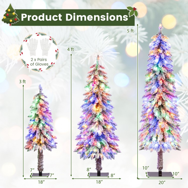 Product dimensions of a set of 3 artificial Christmas trees with snow-flocked tips and multi-color LED lights.