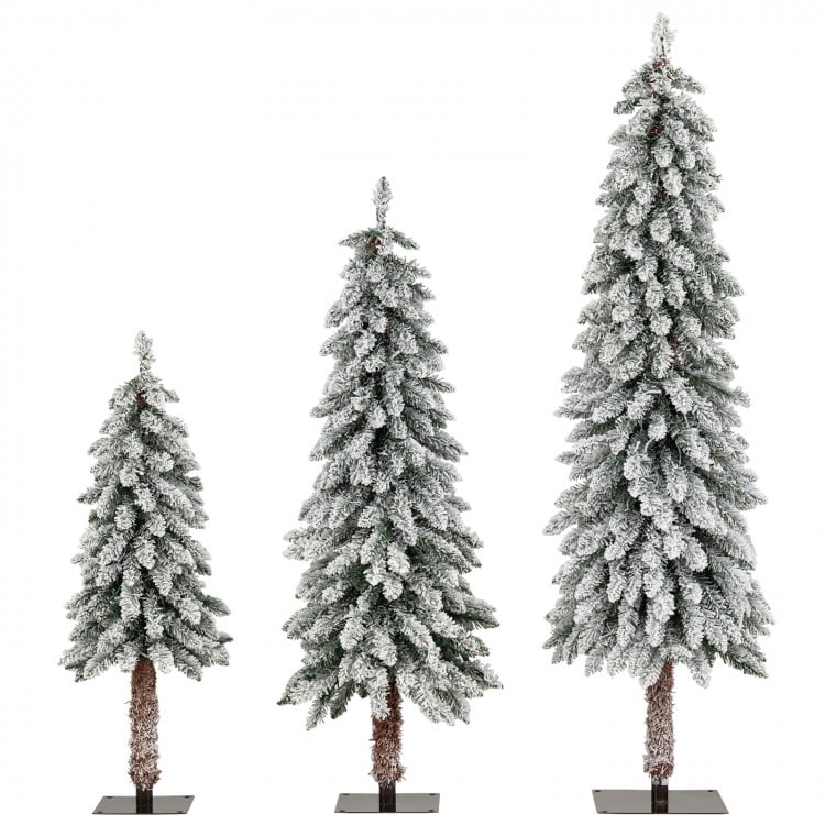 Set of 3 artificial Christmas trees with snow-flocked branches, featuring multi-color LED lights for festive decor.