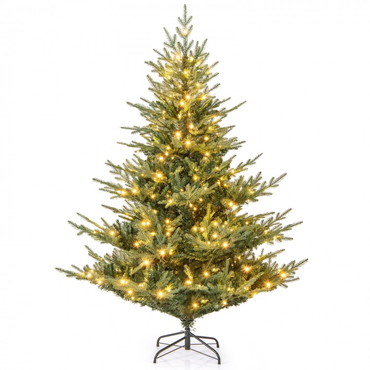 Realistic 6-foot artificial Christmas tree with 350 warm white LED lights and hinged branches for easy assembly and.