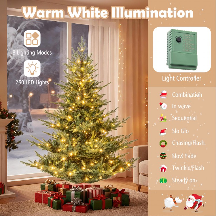 6-foot artificial Christmas tree with 260 warm white LED lights and 8 lighting modes, perfect for holiday decoration.