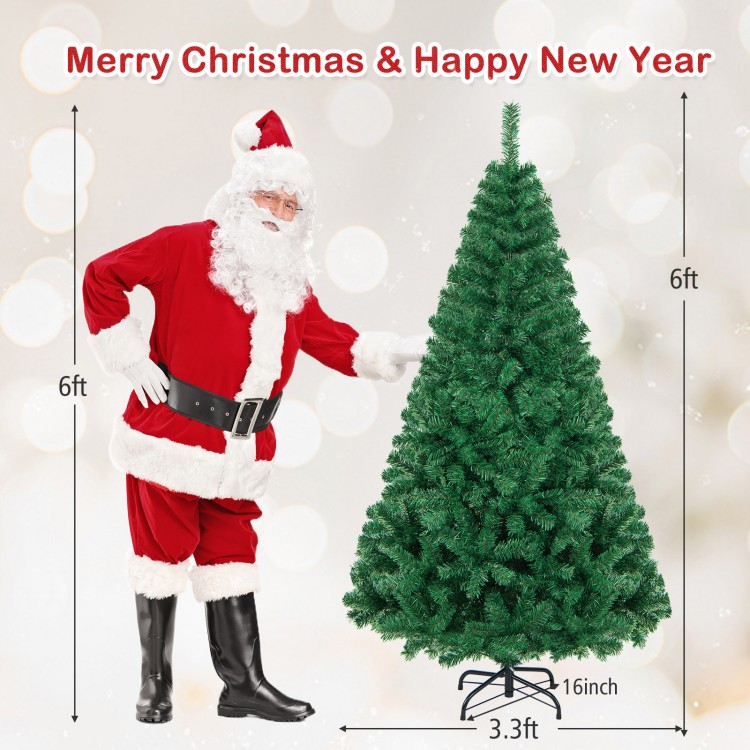 6 ft artificial PVC hinged Christmas tree with solid metal stand, ideal for indoor and outdoor holiday decoration.