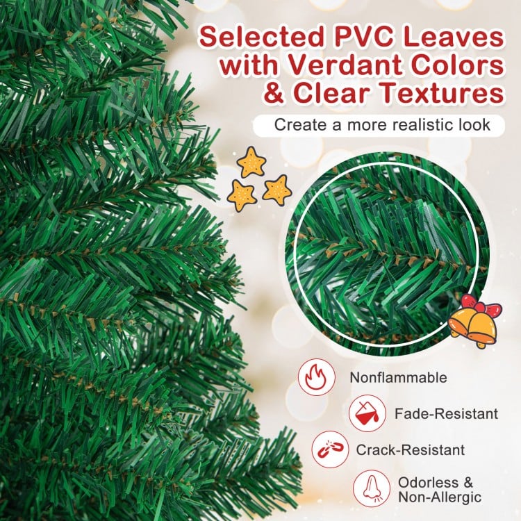 Close-up of the 6 ft artificial PVC Christmas tree showcasing realistic green leaves, ideal for indoor and outdoor.