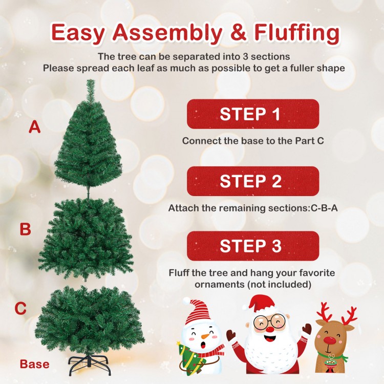 Artificial PVC hinged Christmas tree assembly steps with solid metal stand, ideal for indoor and outdoor decoration.