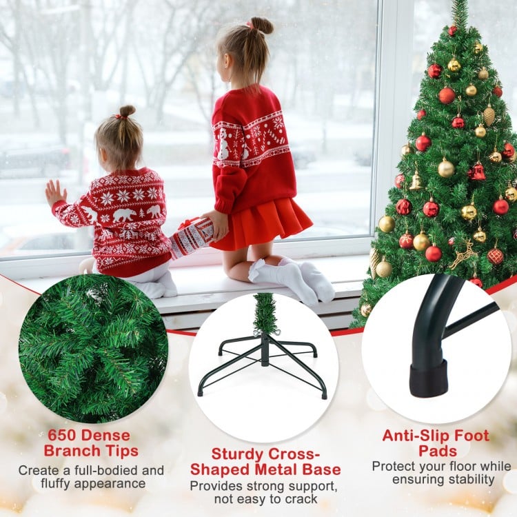 Artificial 6 ft PVC Christmas tree with solid metal stand, featuring dense branch tips for a full appearance, ideal for.