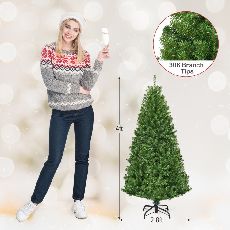 4ft artificial Christmas tree with 306 branch tips, pre-lit LED lights, and durable metal stand for festive decor.