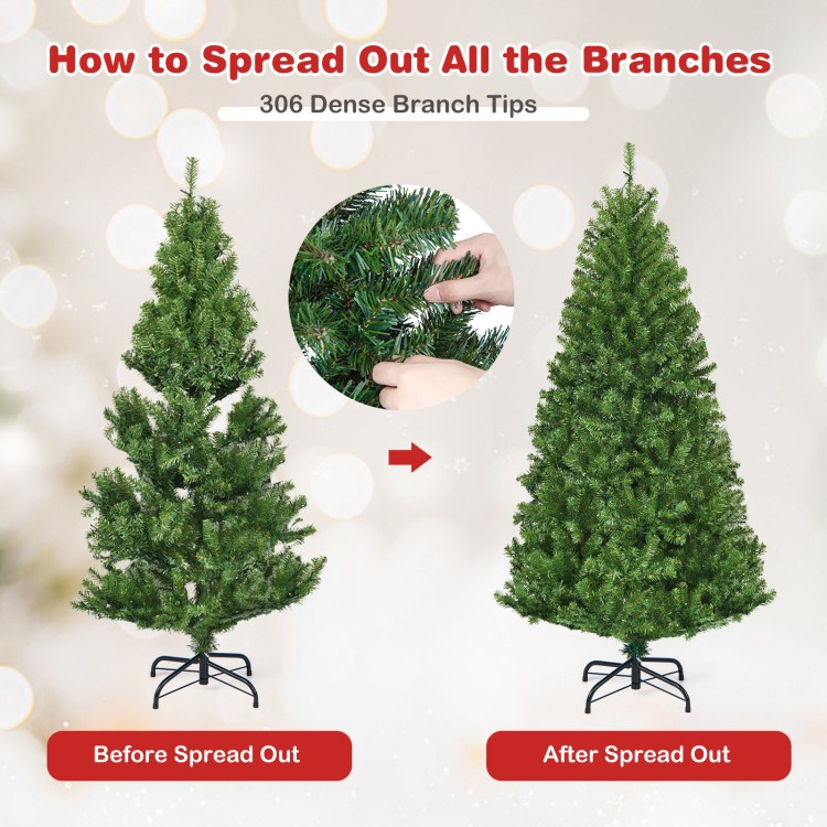 Artificial Premium Hinged Christmas Tree, 4 ft, showing branch spreading process with dense PVC needles and pre-lit LED.