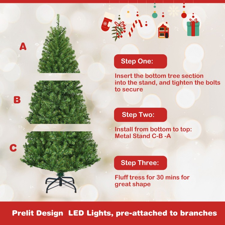 Artificial Premium Hinged Christmas Tree, 4 ft, pre-lit with LED lights, showing assembly steps for easy setup.