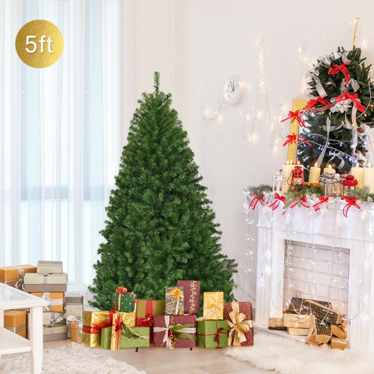 5ft artificial Christmas tree with dense PVC needles, pre-lit LED lights, and surrounded by colorful gift boxes.