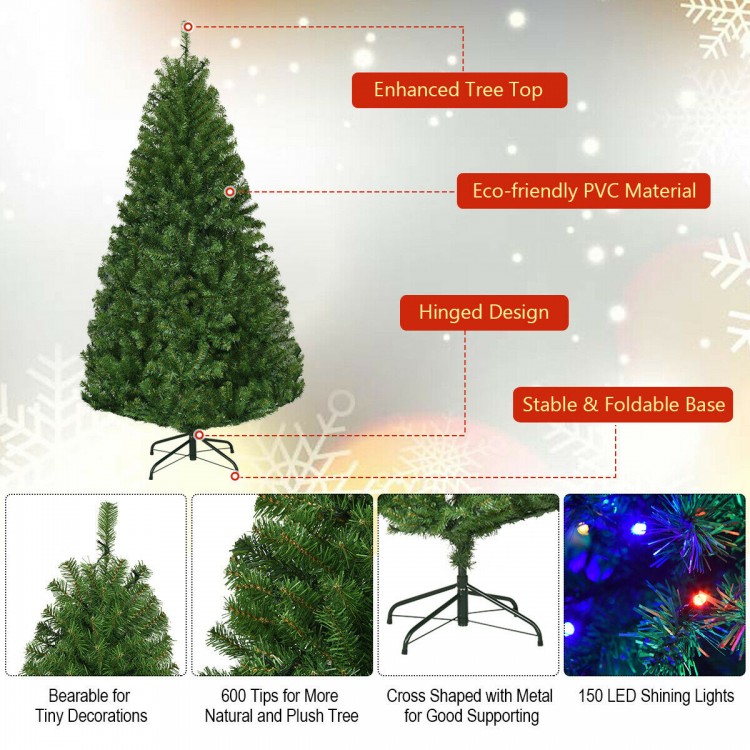 5 ft artificial Christmas tree with hinged design, PVC needles, and 150 LED lights for festive holiday decor.