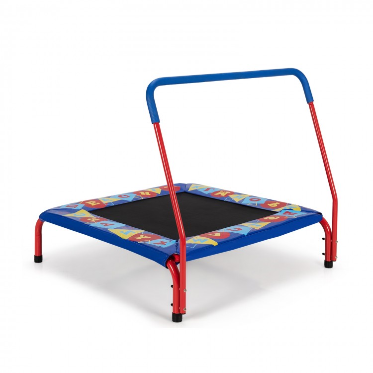 Kids 36-inch square trampoline with foamed handrail in blue, designed for indoor and outdoor play, promotes healthy.