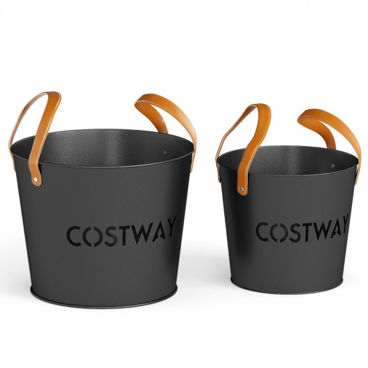 Set of 2 metal ash buckets with leather handles, 11.5 Gal and 8.5 Gal, ideal for fireplaces and fire pits.