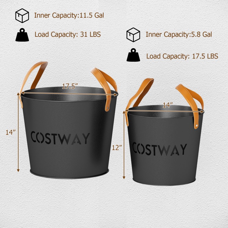 Set of 2 metal ash buckets with leather handles, featuring 11.5 Gal and 5.8 Gal capacities for fireplaces and fire pits.