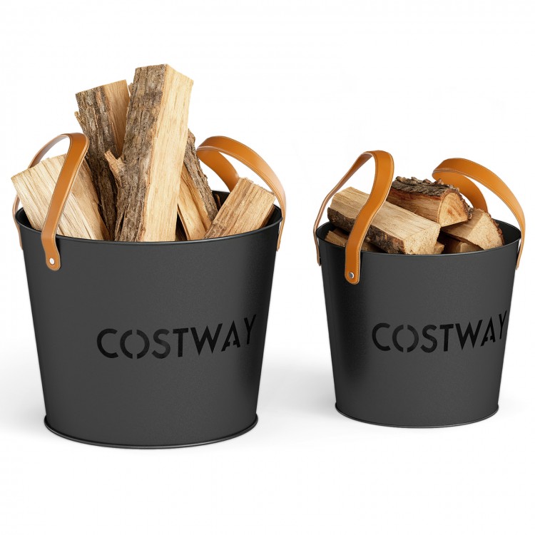 Two metal ash buckets with leather handles, 11.5 Gal and 8.5 Gal, ideal for fireplace and fire pit storage.