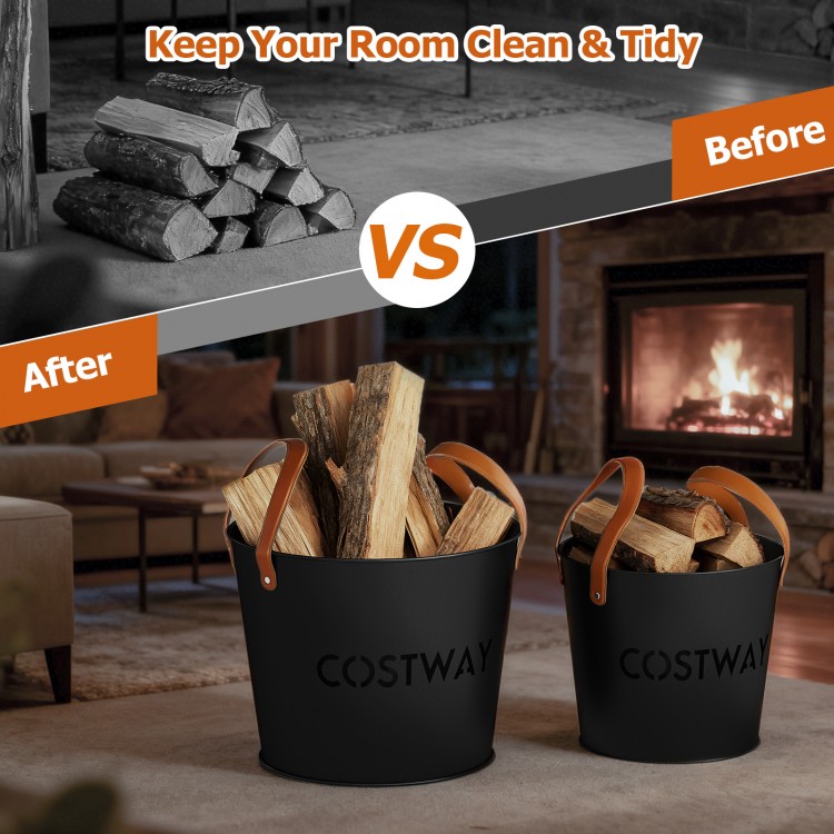 Set of 2 metal ash buckets with leather handles, 11.5 Gal and 8.5 Gal, perfect for fireplace and fire pit storage.