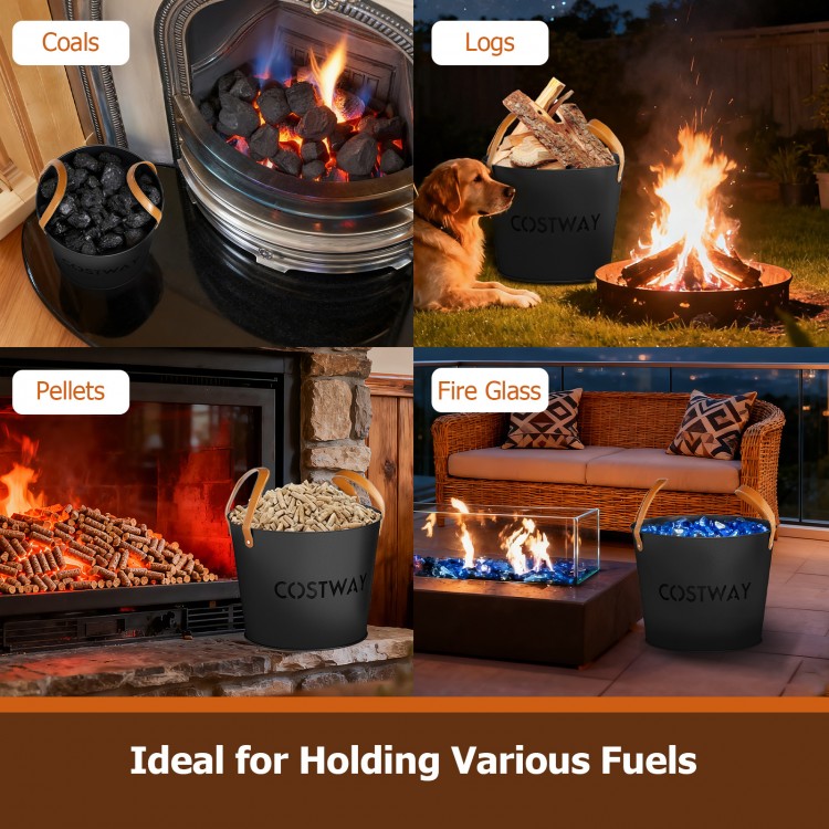Set of two metal ash buckets with leather handles, ideal for storing coals, logs, and pellets for fireplaces or fire.