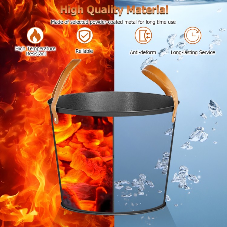 Set of two metal ash buckets with leather handles, featuring high-temperature resistant construction for fireplaces and.