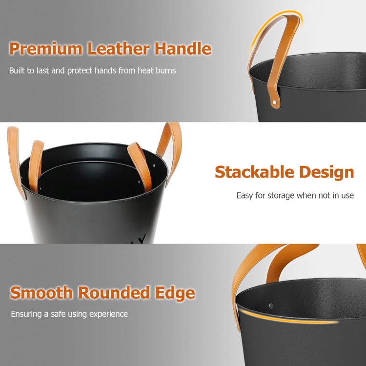 Stackable metal ash bucket with premium leather handles, designed for easy storage and safe handling of fireplace ashes.