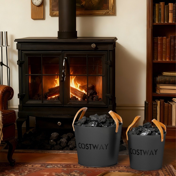 Set of 2 metal ash buckets with leather handles, perfect for storing ash and coals by the fireplace.