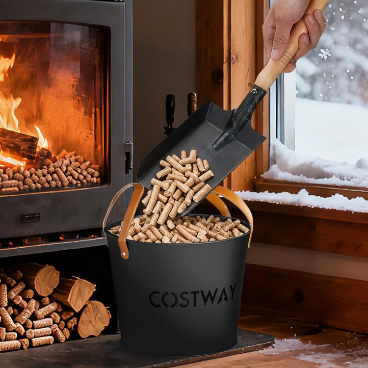 Black metal ash bucket with leather handles, ideal for storing ash and pellets by the fireplace or fire pit.