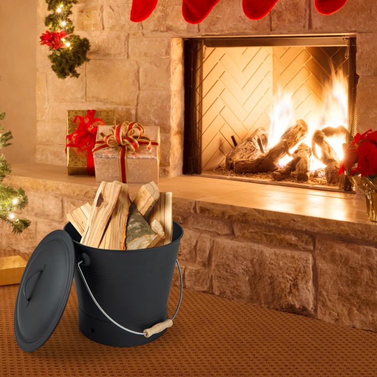 Black ash bucket with lid, filled with firewood, ideal for transporting ash and logs for bonfires and fire pits.