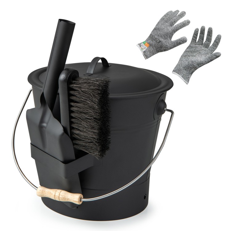 Black ash bucket with lid, brush, shovel, and cut-resistant gloves, ideal for bonfires and wood burners.