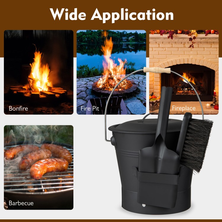 Black ash bucket with lid, brush, and shovel, ideal for bonfires, fire pits, and barbecues.