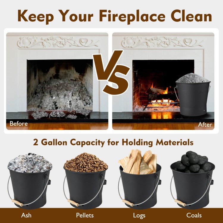 Black ash bucket with lid, brush, and cut-resistant gloves, perfect for transporting ash and logs for fire pits.