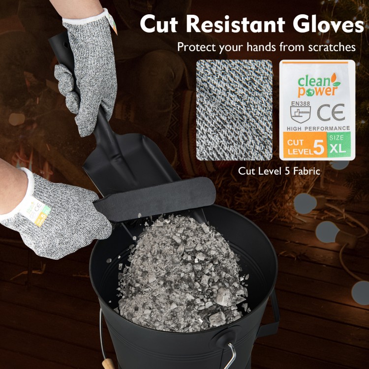Ash bucket with lid, shovel, and cut-resistant gloves for safe handling of ash and debris during outdoor activities.