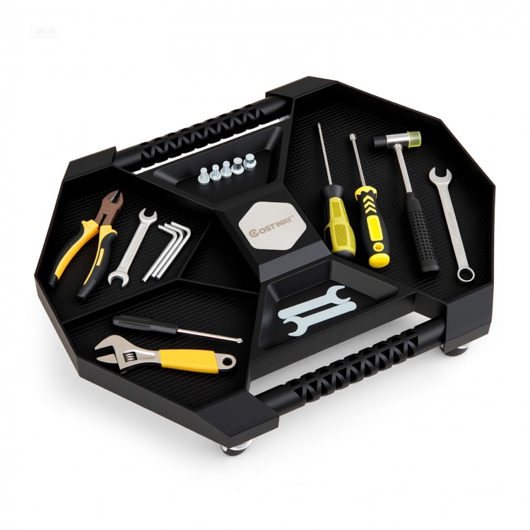 Automotive rolling tool creeper in black with 4 compartments, swivel casters, and durable polypropylene construction.