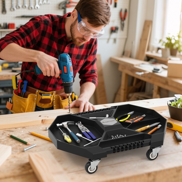 Automotive rolling tool creeper in black with 4 compartments, swivel casters, and ergonomic handles for easy mobility.