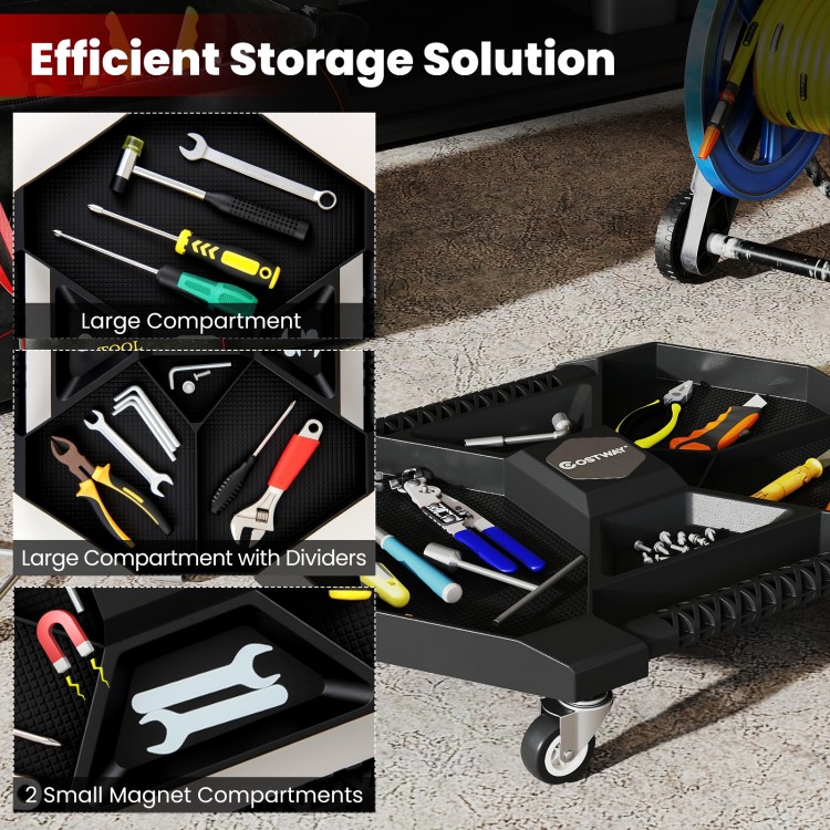 Automotive rolling tool creeper showing large and small compartments for efficient storage, ideal for garages and.