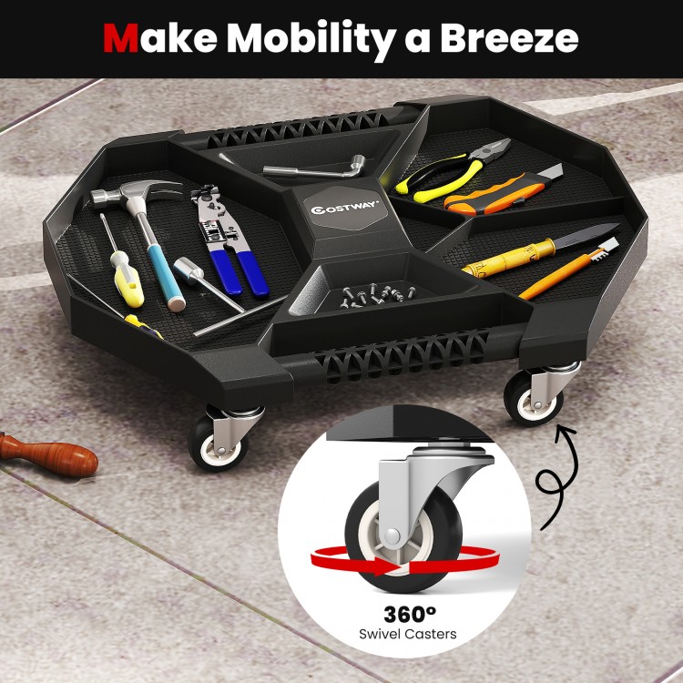 Automotive rolling tool creeper in black with 4 swivel casters, featuring 4 compartments for efficient storage.