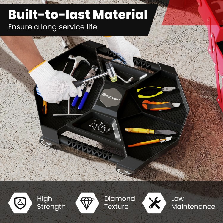 Automotive rolling tool creeper in black with diamond texture, 4 compartments, and 4 swivel casters for easy mobility.