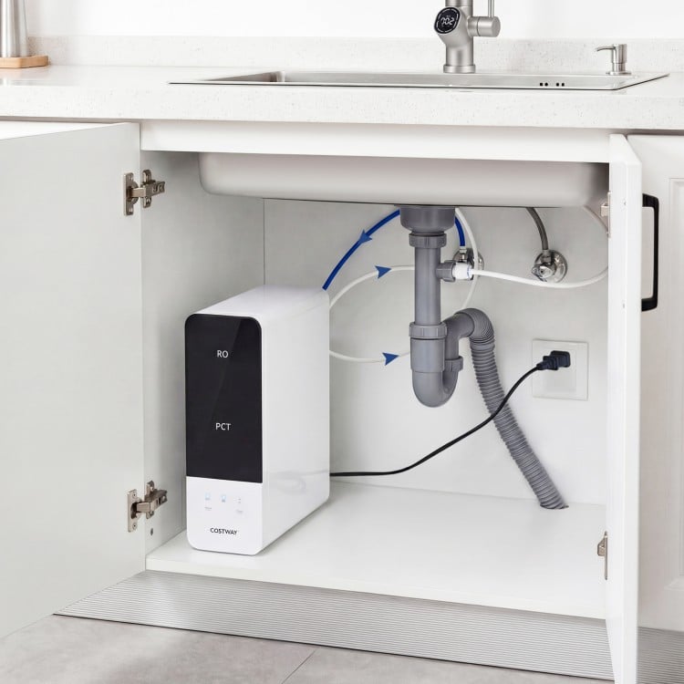 Under-sink view of the AW-RB05 tankless reverse osmosis water filter with compact design and marked connection ports.