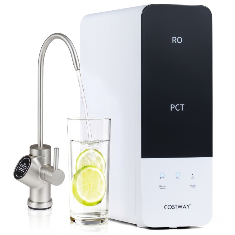 Alkaline PH+ reverse osmosis water filter with smart LED faucet, showcasing tankless design and glass of purified water.