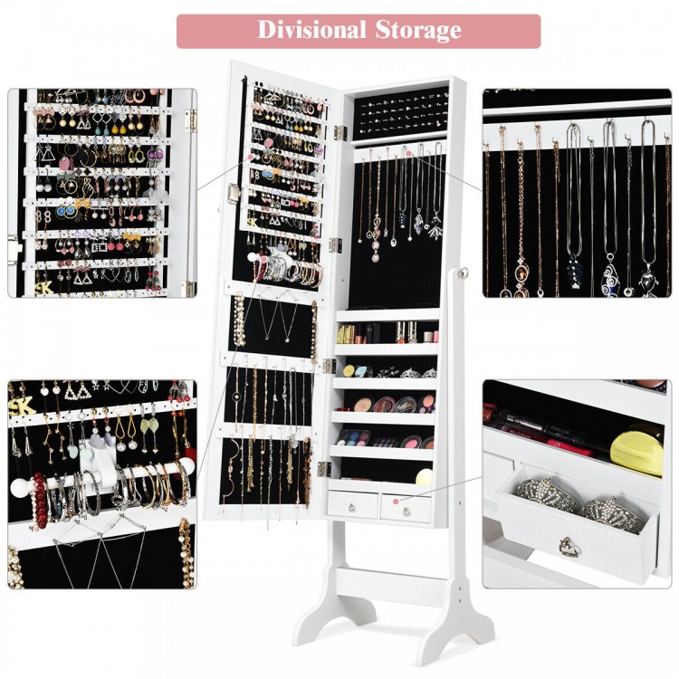 Lockable white jewelry cabinet armoire with full-length mirror, featuring organized storage for necklaces, rings, and.