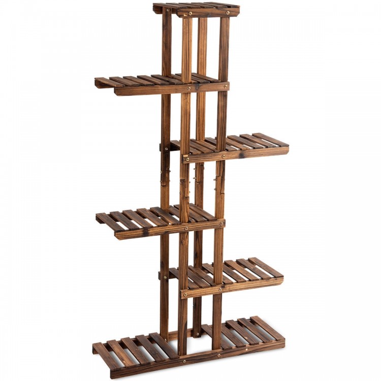 6-tier wooden plant rack stand with weather-resistant construction, perfect for displaying flowers and ornaments.