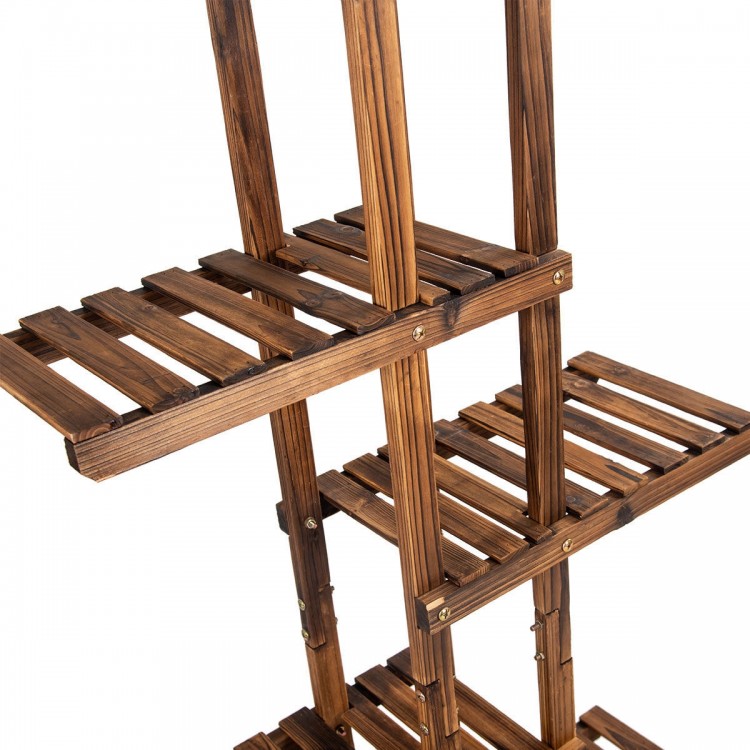 6-tier wooden plant rack with hollow-out design for easy watering, ideal for indoor and outdoor plant display.
