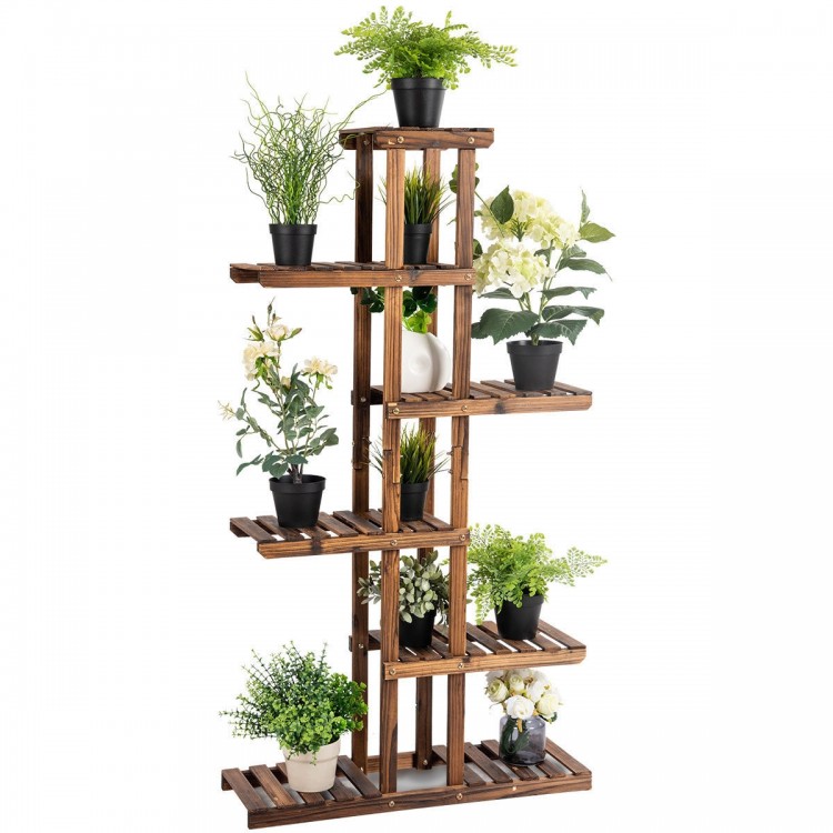 6-tier wooden plant rack stand showcasing various potted plants, perfect for indoor or outdoor use in gardens or patios.