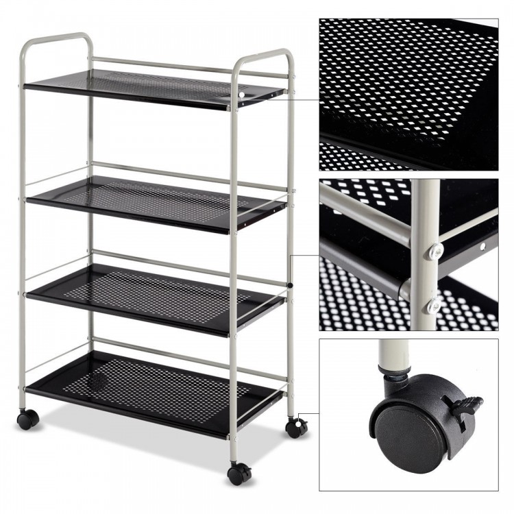 Four-tier rolling storage cart with rust-resistant steel, featuring lockable casters and guardrails for stability and.