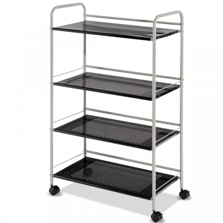 Four-tier rolling storage cart with rust-resistant steel, featuring guardrails and lockable casters for versatile.