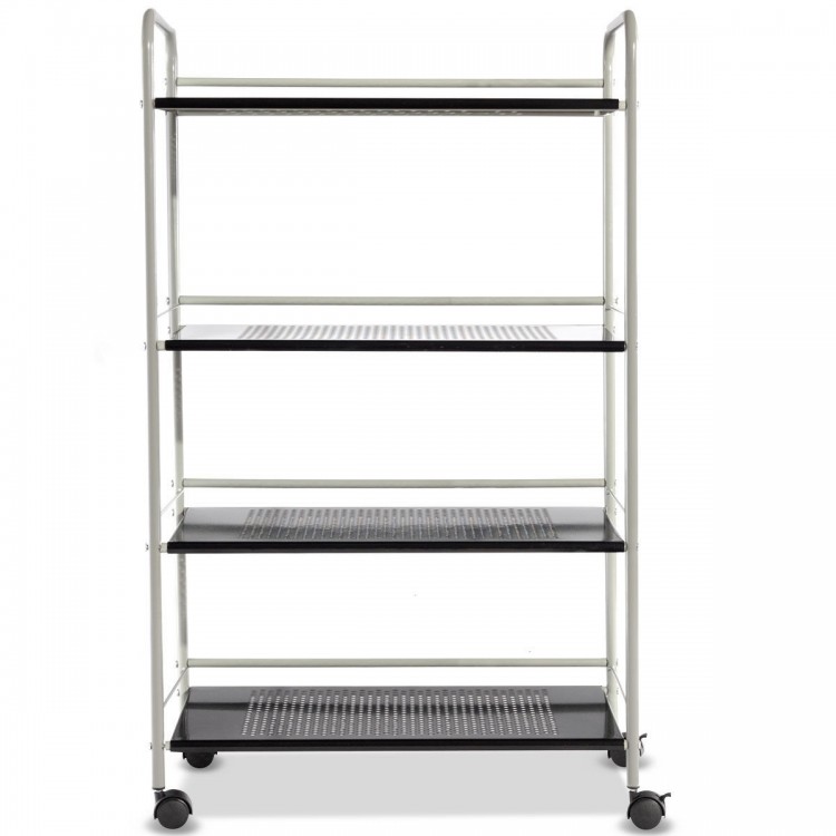 4-tier rolling storage cart with rust-resistant steel, featuring guardrails and casters for easy movement in any space.