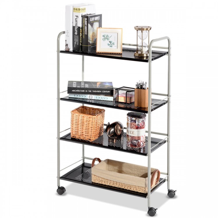 Four-tier rolling storage cart with rust-resistant steel, ideal for organizing items in office, garage, or kitchen.