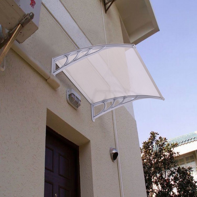 Gray 40" x 40" outdoor polycarbonate door window awning canopy, providing sun and rain protection for entryways.